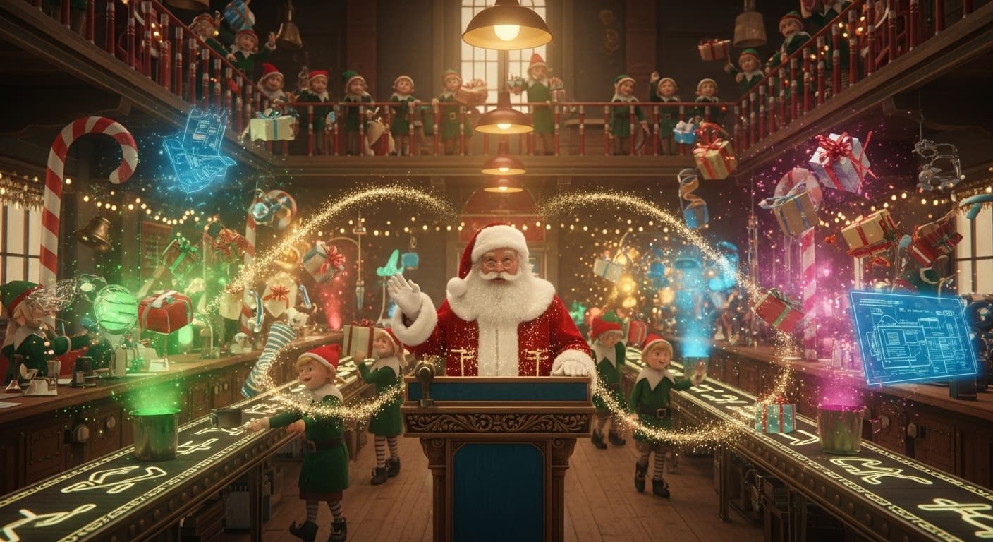 Magic with Elves - Santa performing magic tricks with his helper elves.. Choose this magical backdrop for your personalized Santa video message.