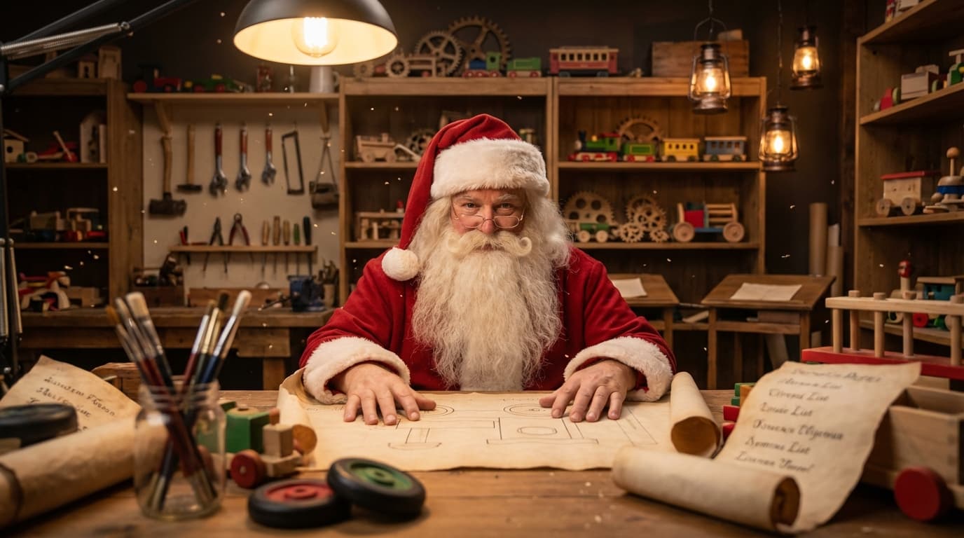 Santa's Workshop - The hustle and bustle of toy making with the elves.. Choose this magical backdrop for your personalized Santa video message.